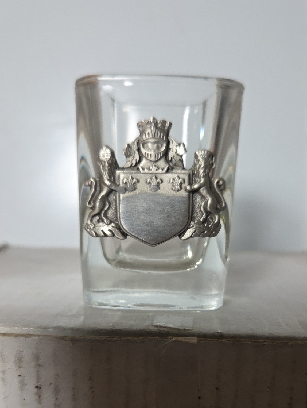 Engravable Pewter Coat Of Arms With English Knight Crest With Lions Shot Glass